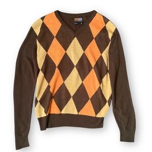 Vintage South Pole Brown Argyle V-Neck Sweater with Orange and Yellow Diamonds